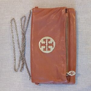 Tory Burch Reva cognac brown clutch bag purse with gold removable chain handle